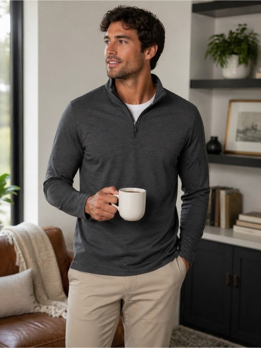 Mizzen + Main ProFlex Quarter Zip Charcoal Heather Pullover XXL preppy